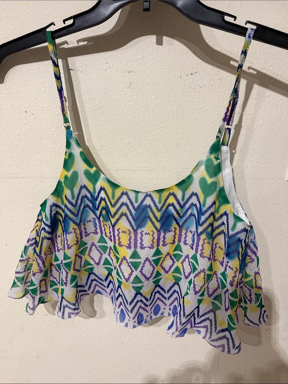 Lagaci Green, Blue & Yellow Patterned Ruffle Crop Tank